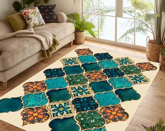 Teal Moroccan Tile Printed Rug: Turquoise Geometric Boho Area Carpet, Non-Slip Machine-Washable