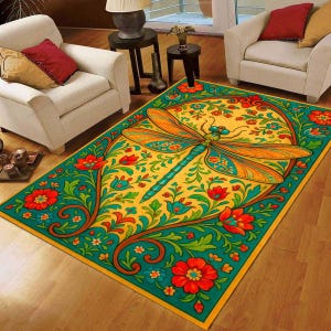 Dragonfly Floral Area Rug: Boho Art Nouveau Style, Non-Slip, Machine-Washable, Low-Pile