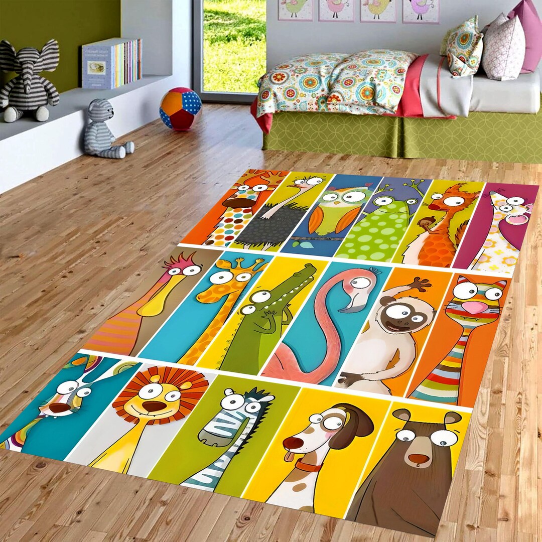 Cartoon Animal Kids Rug: Colorful Safari Zoo Nursery Carpet, Non Slip ...