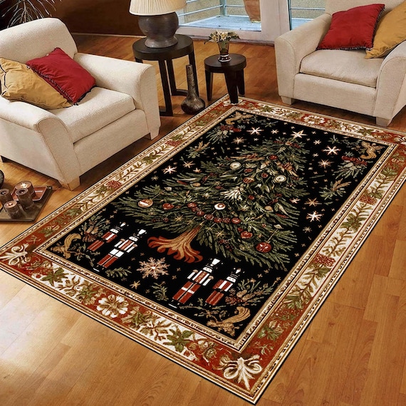 Vintage Christmas Tree Rug: Black Holiday Tapestry Area Carpet