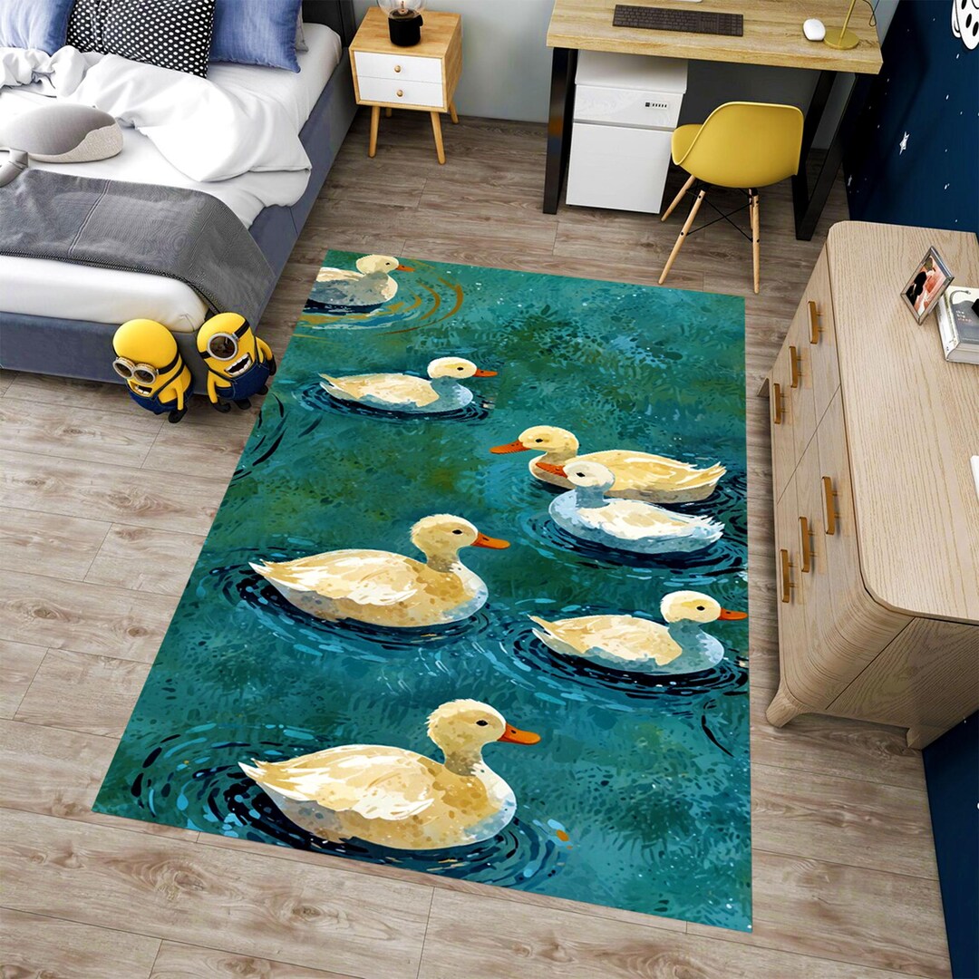 Ducklings Kids Area Rug: Teal Pond Nursery Decor, Non-slip Machine ...