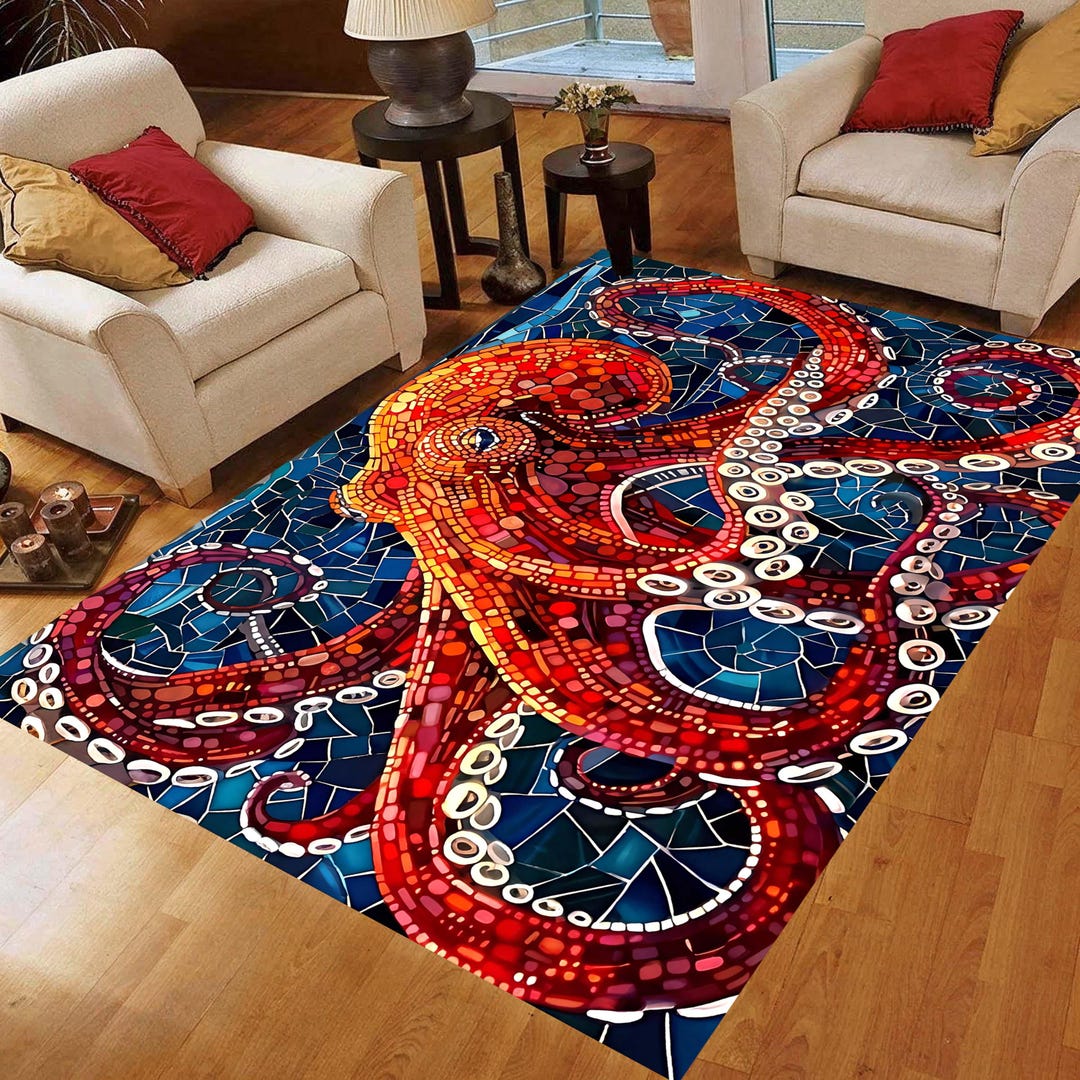 Mosaic Octopus Area Rug: Nautical Coastal Carpet, Non-slip Machine ...