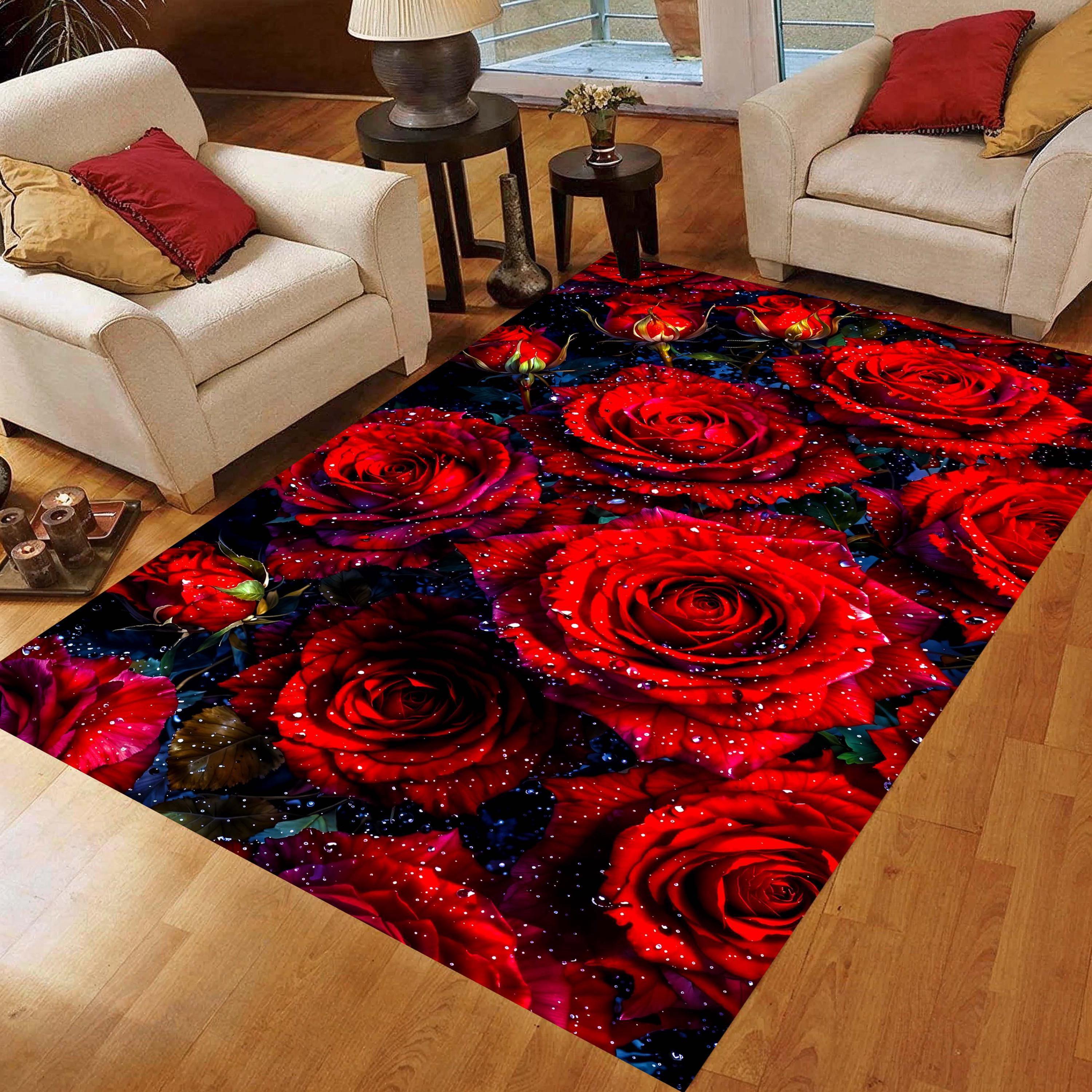 Midnight Red Rose Area Rug: Romantic Dark Botanical Carpet