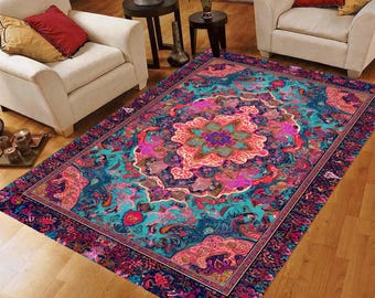 Teal Magenta Mandala Printed Area Rug: Boho Anatolian Pattern Carpet, Non-Slip Machine-Washable