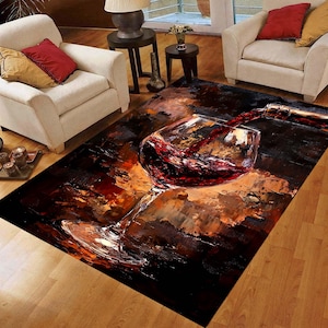 Puede incluir: Una alfombra rectangular con un vaso de vino que se está llenando de vino tinto. La alfombra tiene un diseño abstracto oscuro con tonos marrones, negros y naranjas. La copa de vino es transparente y el vino es de color rojo intenso.