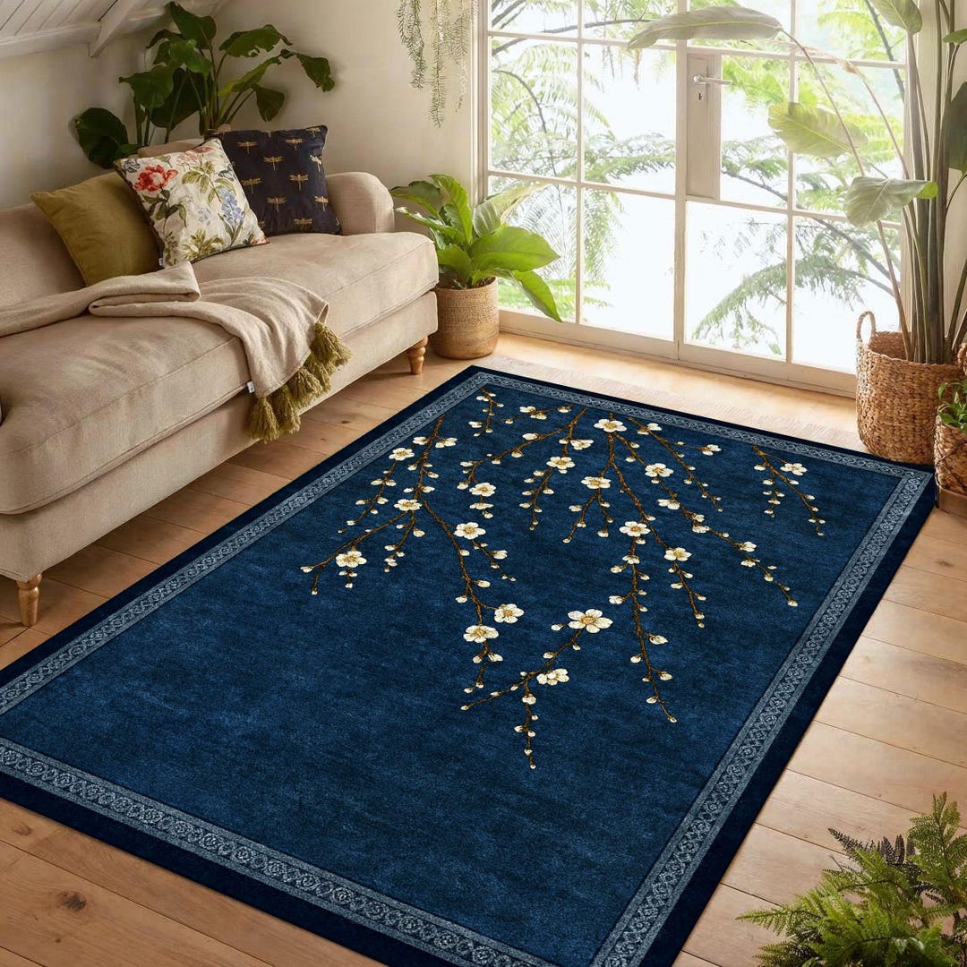 Navy Cherry Blossom Printed Area Rug: Minimalist Oriental Carpet