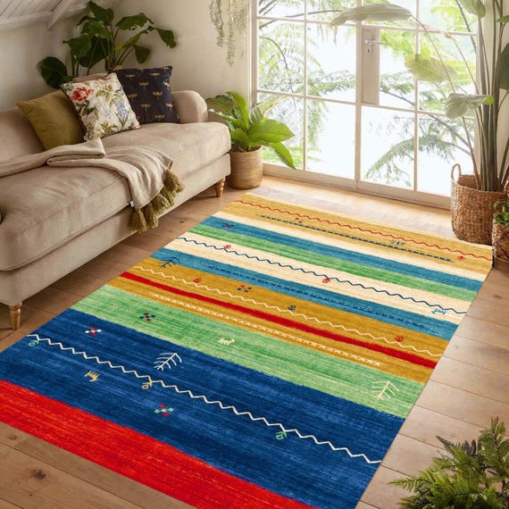 Bunt Gestreifter Bedruckter Teppich: Boho Gabbeh Teppich, Rutschfest, maschinenwaschbar