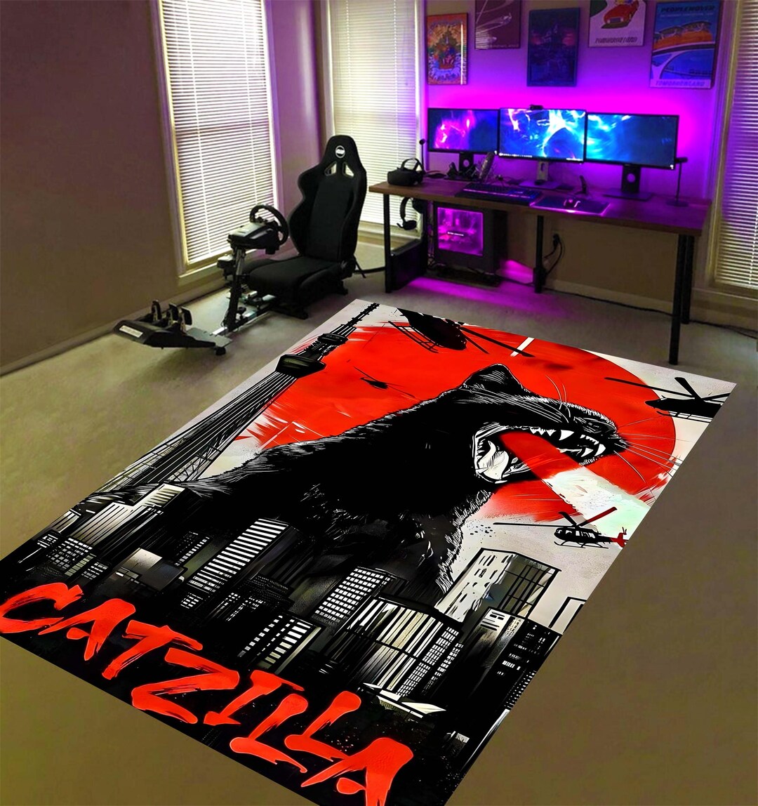 Catzilla Kaiju Cat Gamer Rug: Red Sun City Monster Area Carpet, Non ...