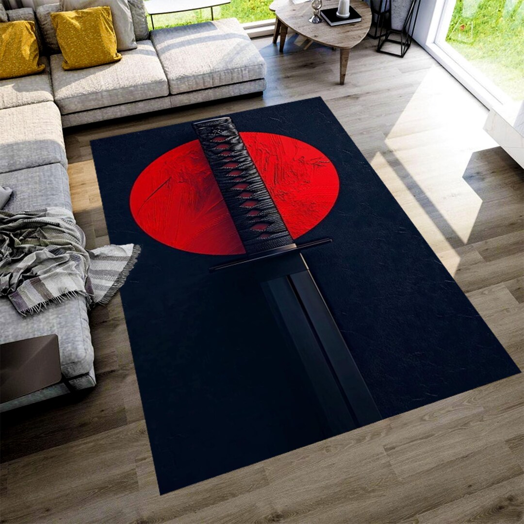 Hashira Rug Samurai Katana Red Sun Area Rug: Japanese Minimalist, Non-slip, Machine ...