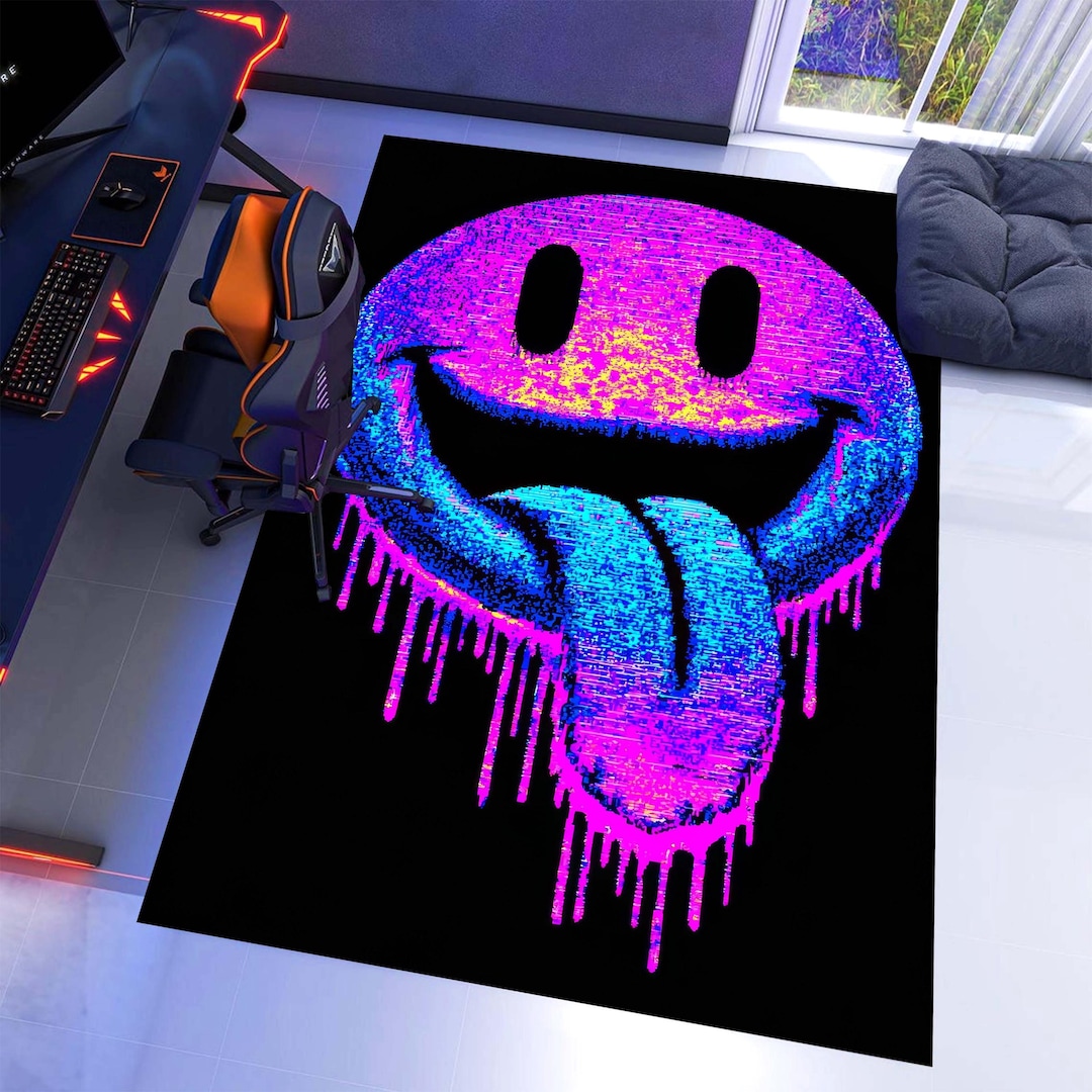 Drippy Face Rug Neon Glitch Smiley Area Rug: Dripping Tongue Face Floor Carpet, Machine ...