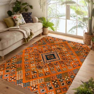 Burnt Orange Boho Area Rug: Geometric Floral Turkish Style Carpet, Non-Slip Machine-Washable