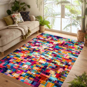 Colorful Abstract Mosaic Area Rug: Modern Geometric Patchwork Carpet, Non-Slip Machine-Washable