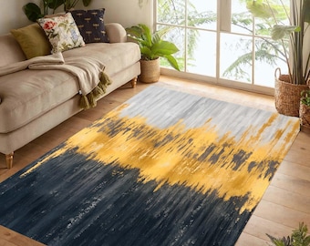 Abstract Mustard Gray Area Rug: Modern Brush Stroke Carpet, Non-Slip Machine-Washable