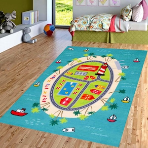 Kids Island Road Map Rug: Playroom Town Track Carpet, Non Slip Washable
