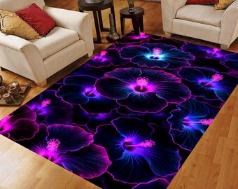 Neon Hibiscus Area Rug: Black Purple Floral Carpet, Non-Slip Machine-Washable