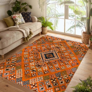 Burnt Orange Boho Area Rug: Geometric Floral Turkish Style Carpet, Non-Slip Machine-Washable