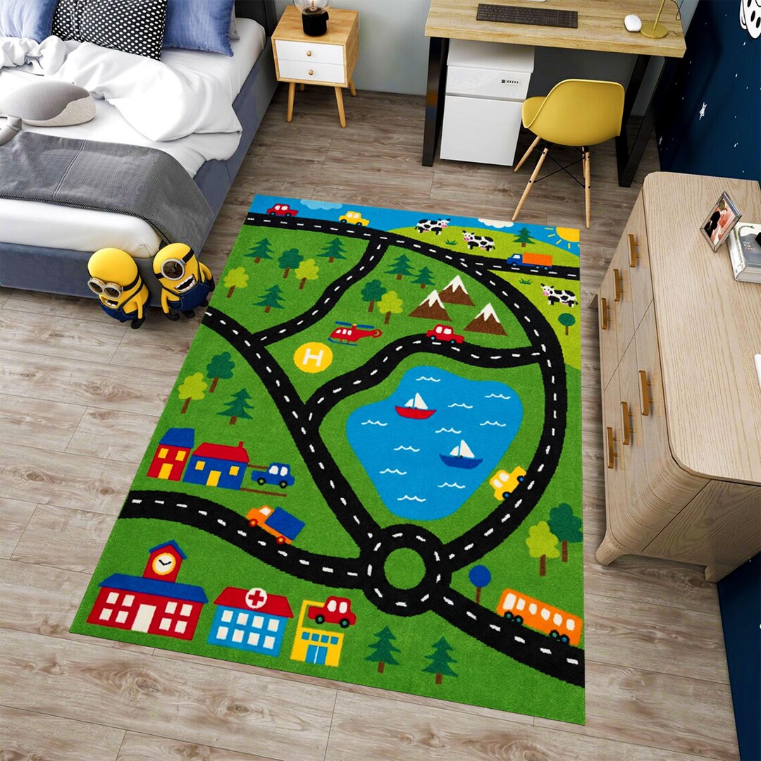 City Child Map Rug Town Road Map Kids Rug: City Streets Lake Play Carpet, Non-slip Machine ...