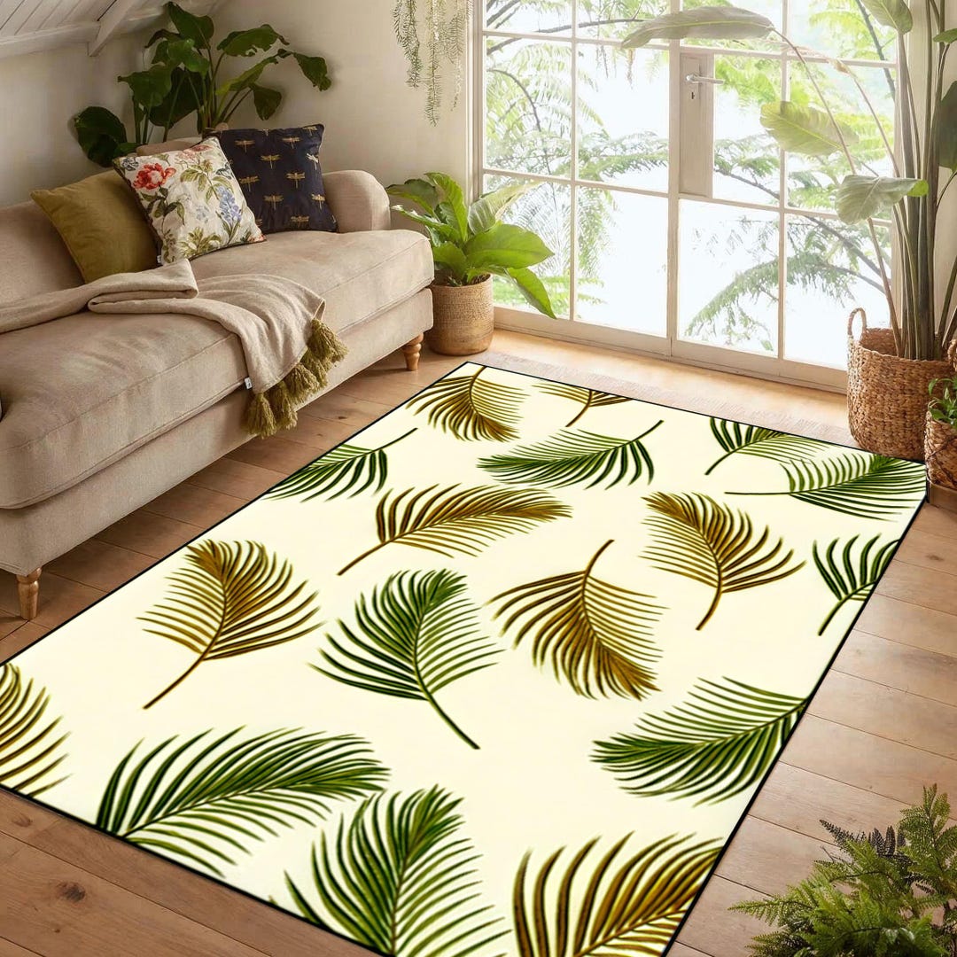 Palm Rug Minimal Tropical Palm Leaf Area Rug: Cream Green Botanical Carpet, Non ...