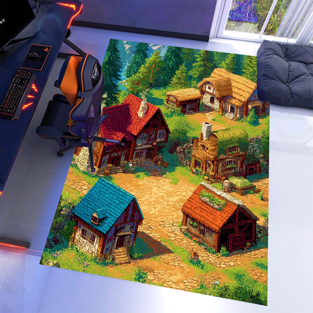 Rpg Rug Pixel Village RPG Rug: Retro Gaming Decor, Non-slip Machine-washable - Etsy