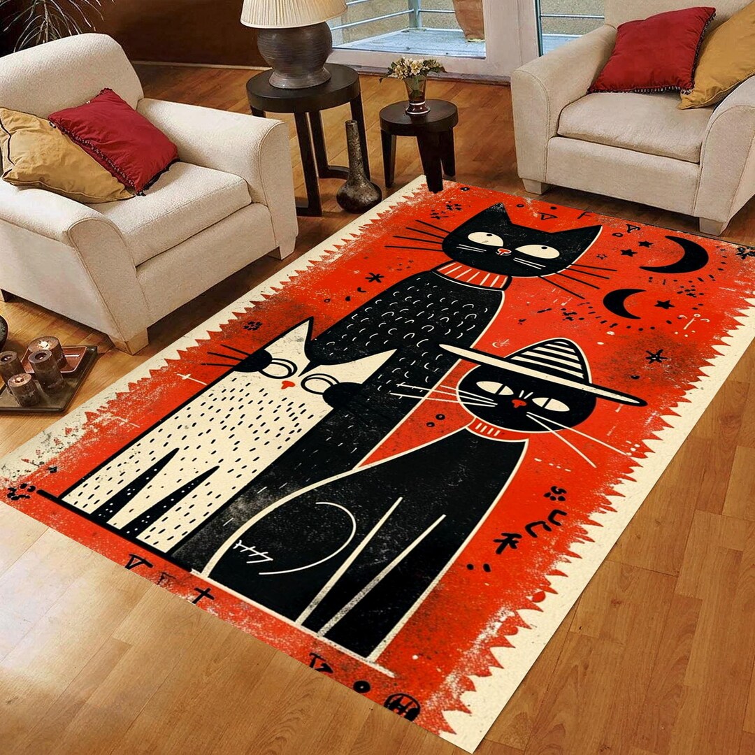 Retro Mid Century Cats Rug: Whimsical Kitty Art Carpet, Machine ...