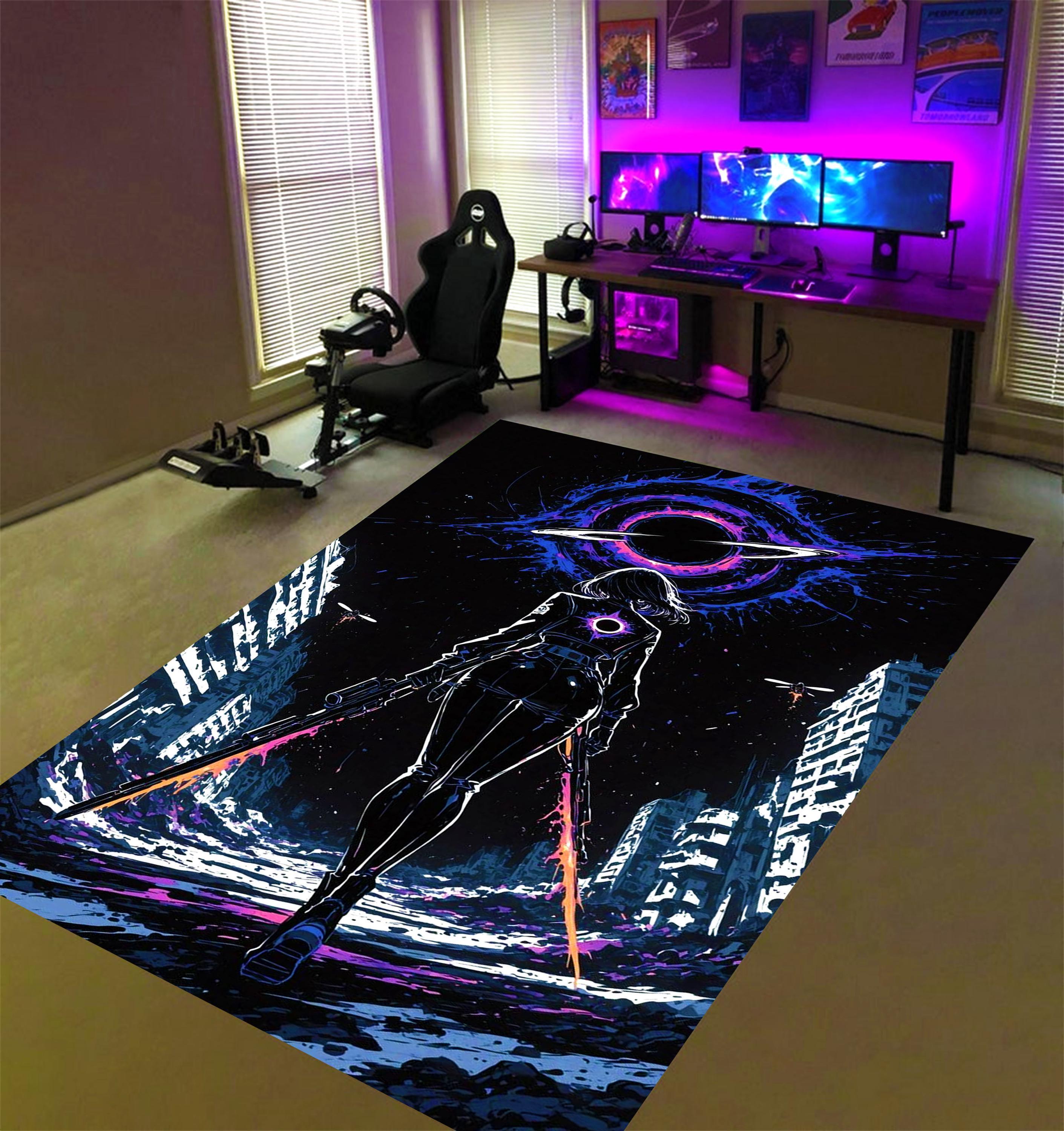 Cyperpunk Rug Cyberpunk Girl Gamer Rug: Neon Sci Fi Synthwave Carpet, Machine ...