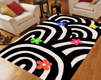Tapis abstrait moderne noir et blanc : moquette pop art, antidérapante lavable en machine