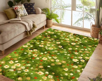Tapete Meadow Wildflower: Tapete floral verde estilo cottagecore, lavável à máquina e antiderrapante.