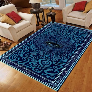 All Seeing Eye Mystic Blue Area Rug – Boho Celestial Carpet | Ultra Soft Velvet | Non Slip Backing | Machine Washable Living Room Decor