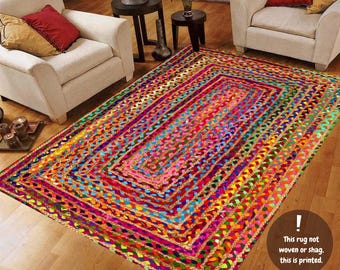 Rainbow Braided Pattern Printed Rug: Colorful Abstract Carpet, Non-Slip Machine-Washable
