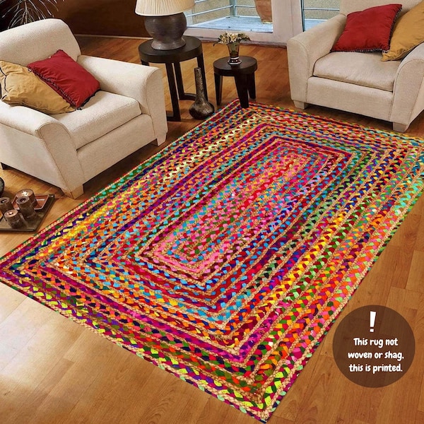 Rainbow Braided Pattern Printed Rug: Colorful Abstract Carpet, Non-Slip Machine-Washable