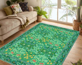 Green Botanical Floral Printed Area Rug: Cottagecore Garden Carpet, Non-Slip Machine-Washable