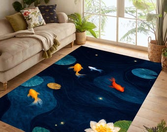 Midnight Koi Pond Area Rug: Lotus Flower Water Garden Carpet, Non-Slip Machine-Washable