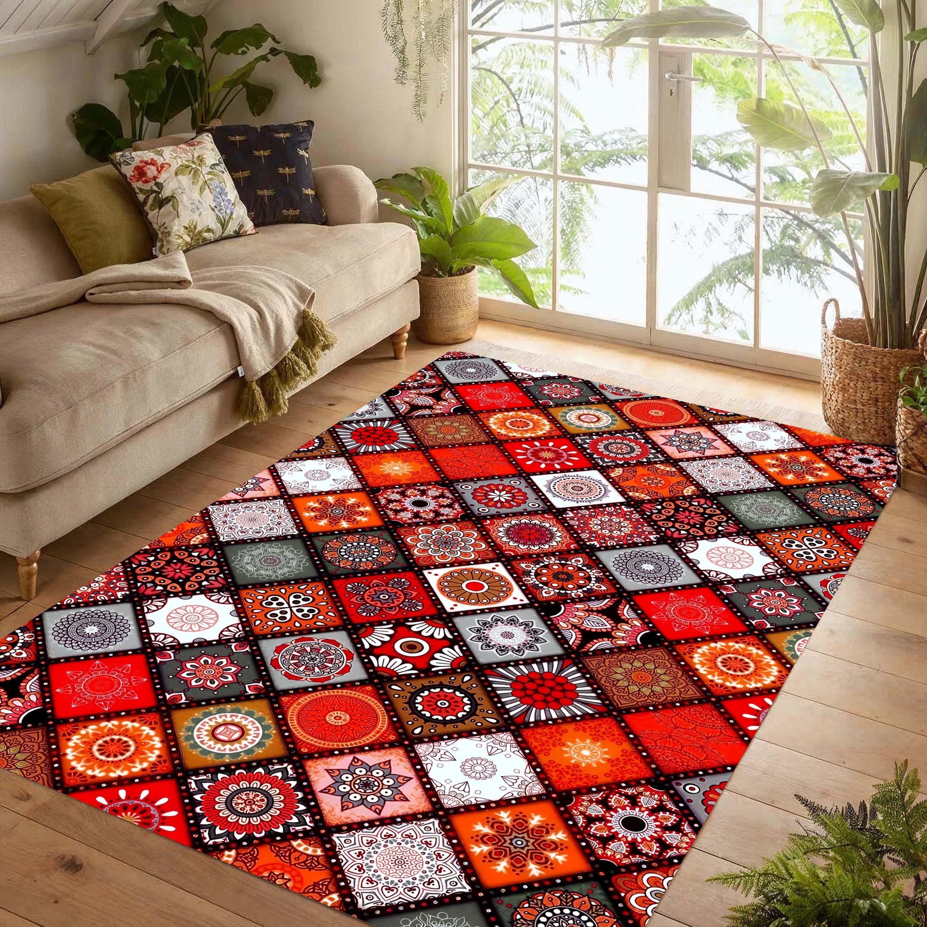 Moroccan Mosaic Patchwork Printed Rug: Red Orange Mandala Area