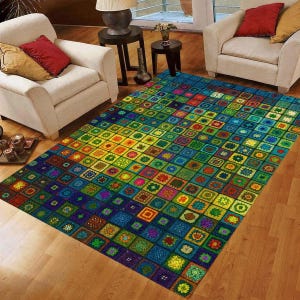 Alfombra de patchwork cuadrada Rainbow Grandma: decoración bohemia, antideslizante y lavable a máquina.