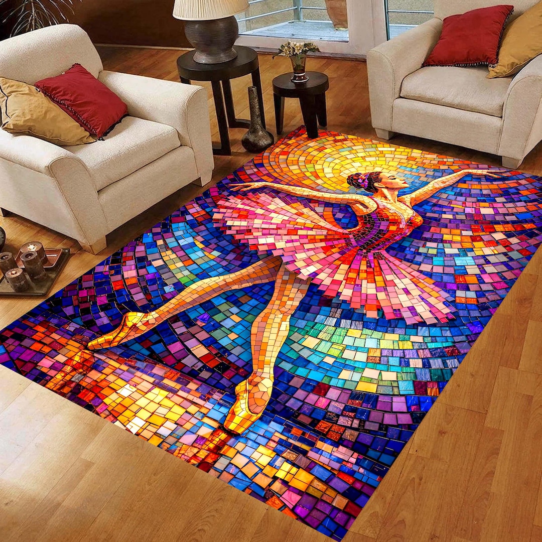 Mosaic Ballerina Area Rug: Stained Glass Style Carpet, Machine-washable ...