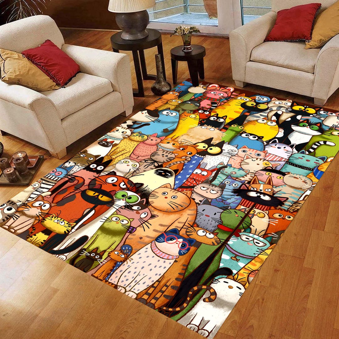 Whimsical Cat Area Rug: Quirky Colorful Cartoon Cat Carpet, Non-slip ...