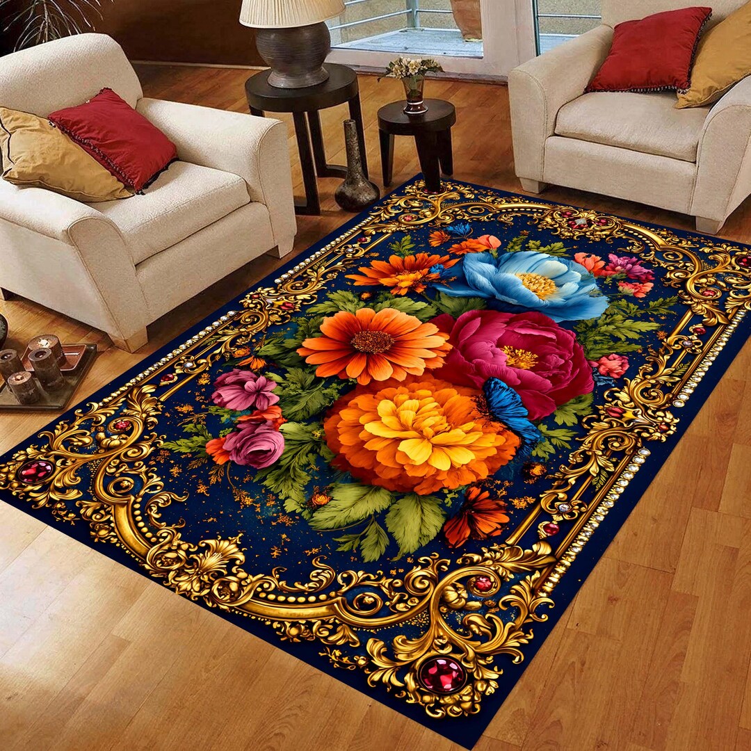 Navy Baroque Floral Area Rug: Victorian Gold Frame Botanical Carpet ...