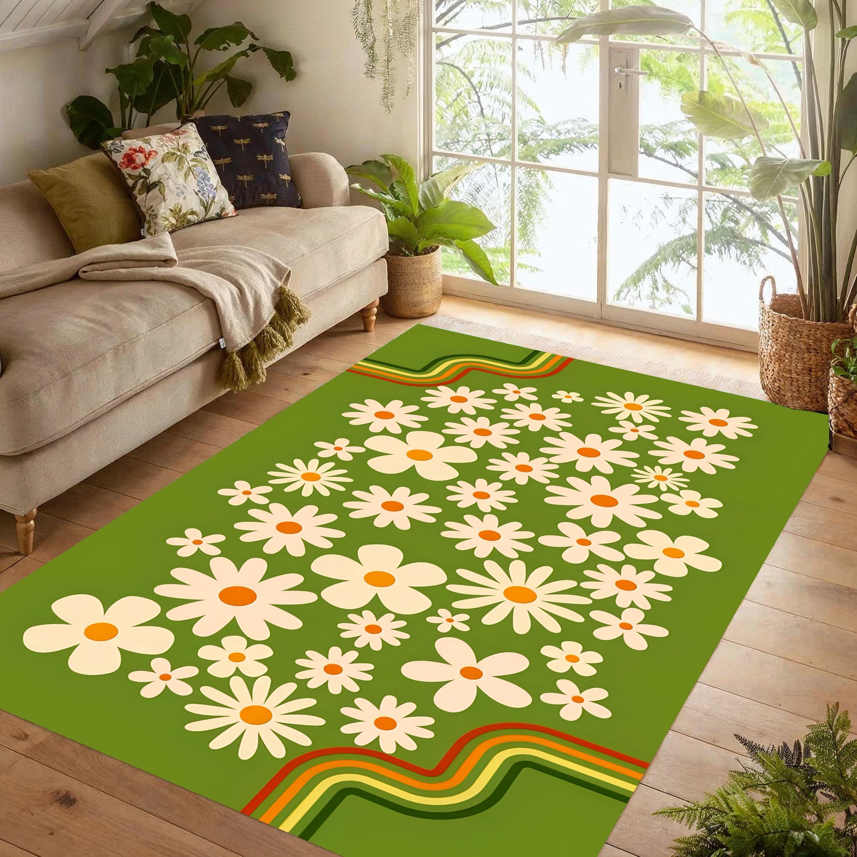 Retro Daisy Flower Area Rug: 70s Green Floral Carpet, Non-slip
