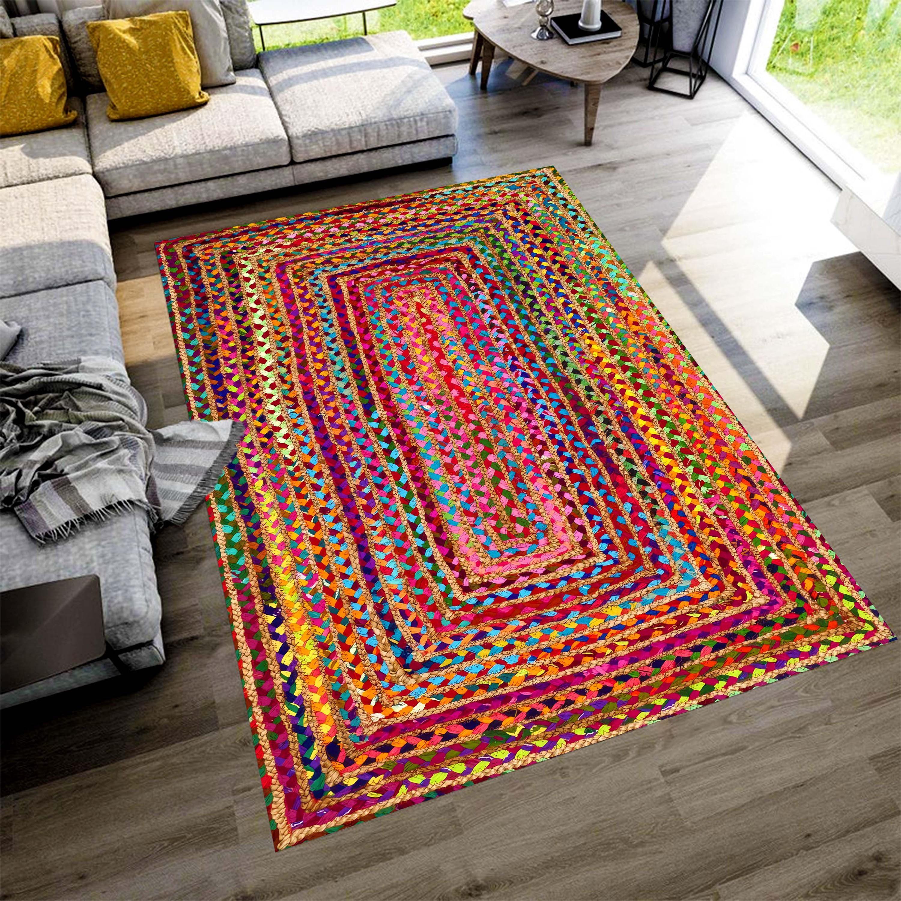 Rainbow Braided Pattern Printed Rug: Colorful Abstract Carpet, Non-slip ...