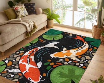 Koi Fish Area Rug: Japanese Pond Carpet, Non-Slip Machine-Washable