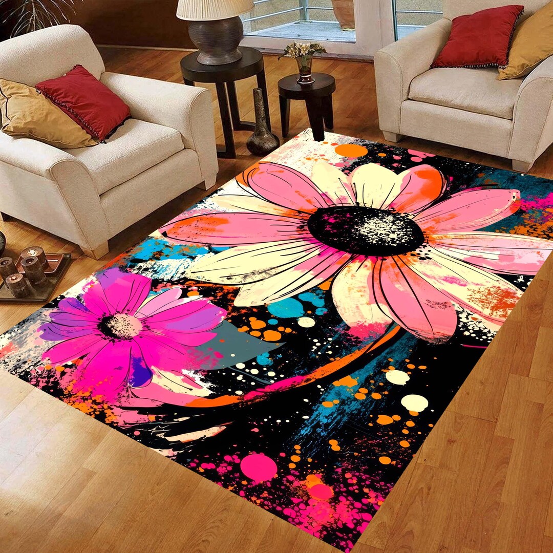Neon Pop Art Flower Area Rug: Abstract Floral Carpet, Non-slip Machine ...
