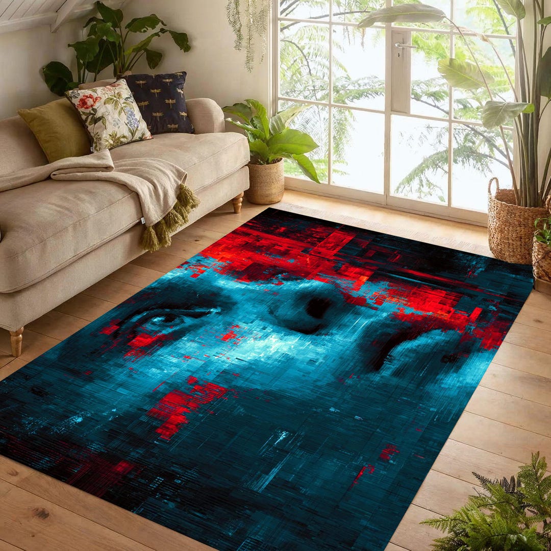 Cyberpunk Rug Texture Cyberpunk Glitch Face Rug: Abstract Portrait Area Carpet, Non Slip ...
