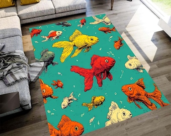 カラフルな金魚柄ラグ：ティールカラーのアクアティックカーペット