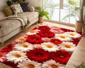 Crimson Dahlia Floral Rug: Red Ivory Blossom Carpet, Machine-Washable Non-Slip