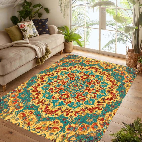 Turquoise Persian Medallion Printed Area Rug: Distressed Boho