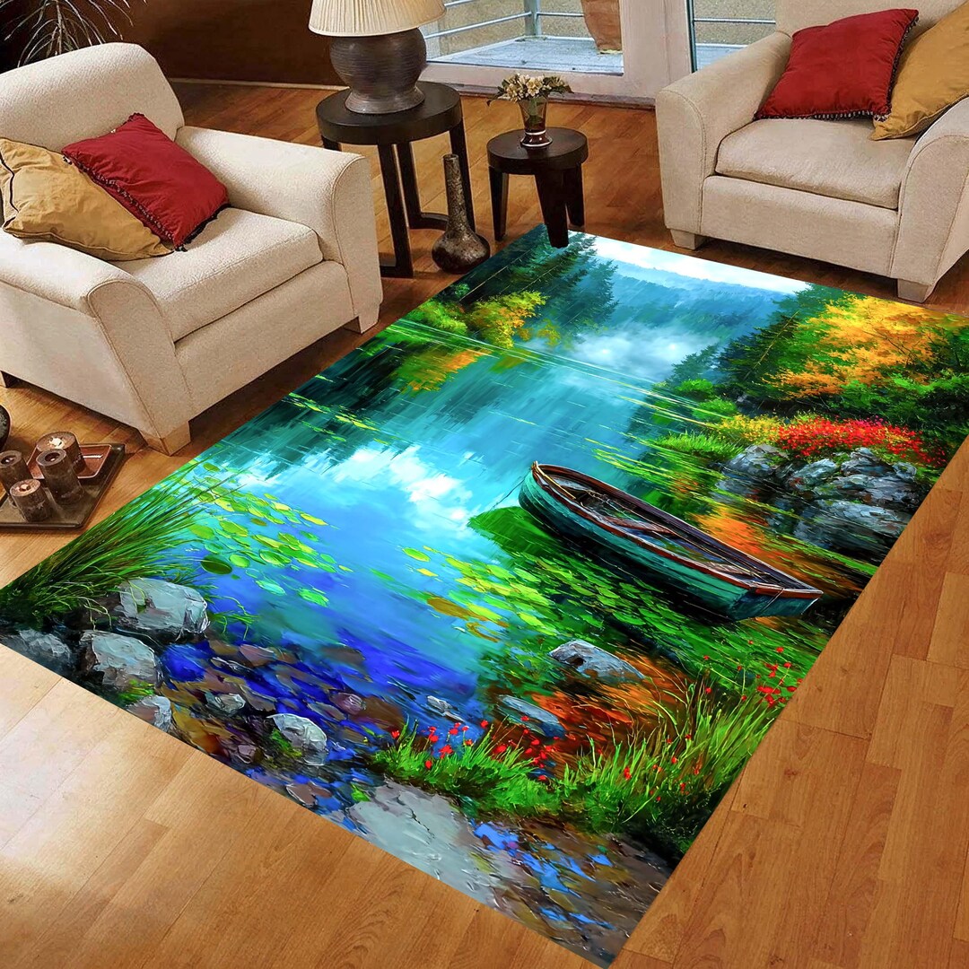 Serene Lake Boat Area Rug: Forest Landscape Carpet, Non-slip Machine ...