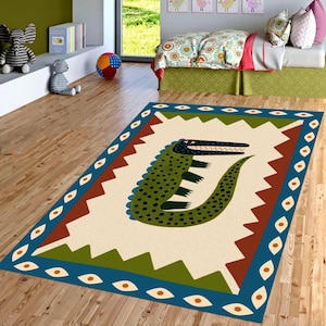 Crocodile Nursery Rug: Playroom Carpet, Non-Slip, Machine-Washable, Low-Pile