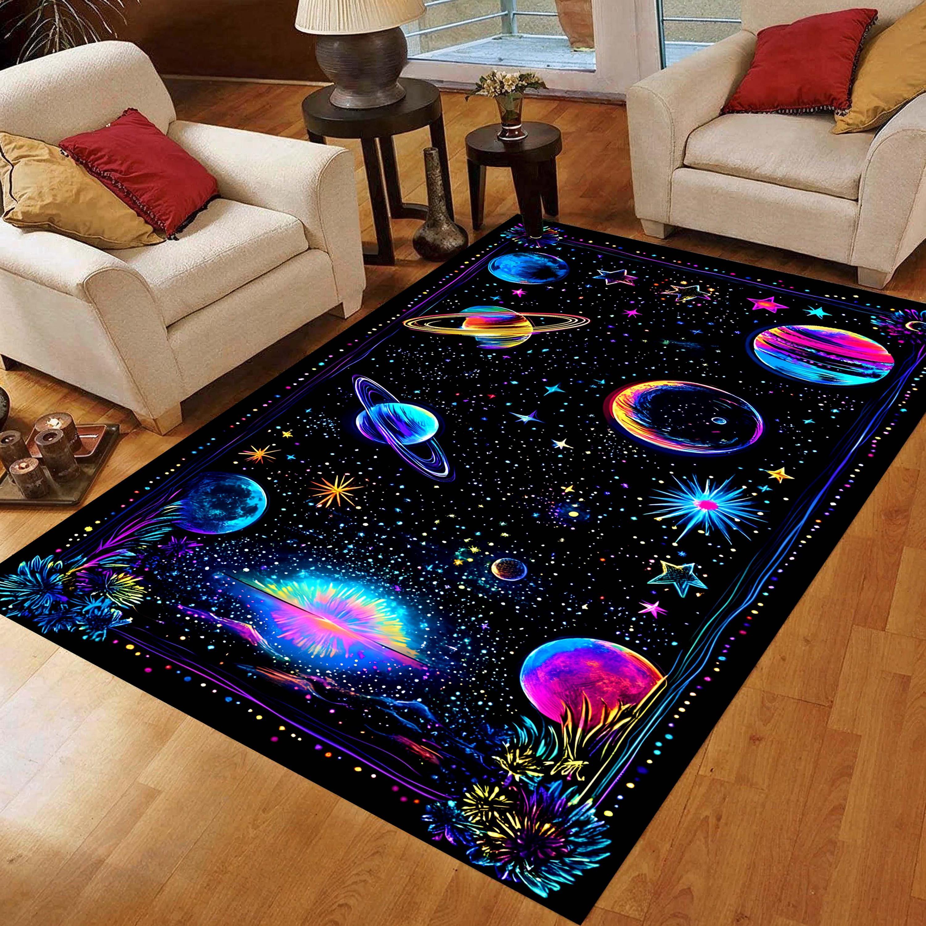 Neon Galaxy Space Rug: Planets and Stars Area Carpet, Non-slip