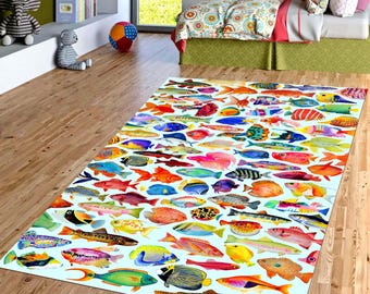Tropical Fish Area Rug: Ocean Sea Life Carpet, Non-Slip Machine-Washable