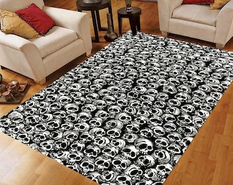 Skull Pattern Area Rug: Gothic Black White Carpet, Non-Slip Machine-Washable